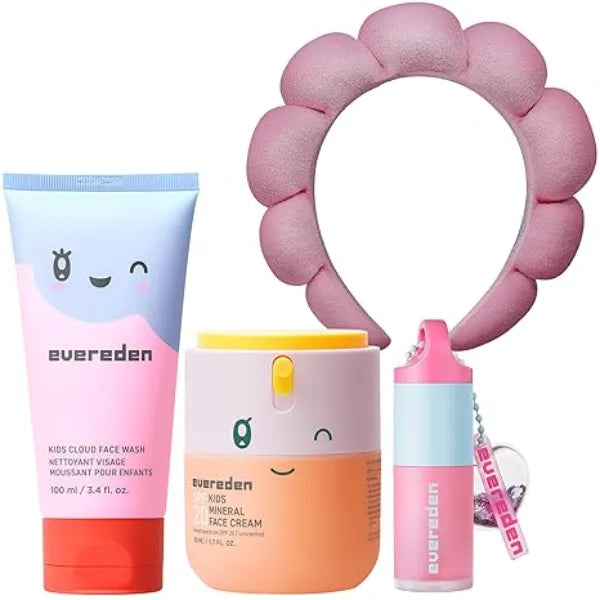 Evereden Kids Morning Skincare Set Cloud Face Wash, SPF 20 Daily Face Cream, Tinted Lip Oil & Headband 4 Piece Clean Routine, Vegan & Dermatologist Tested