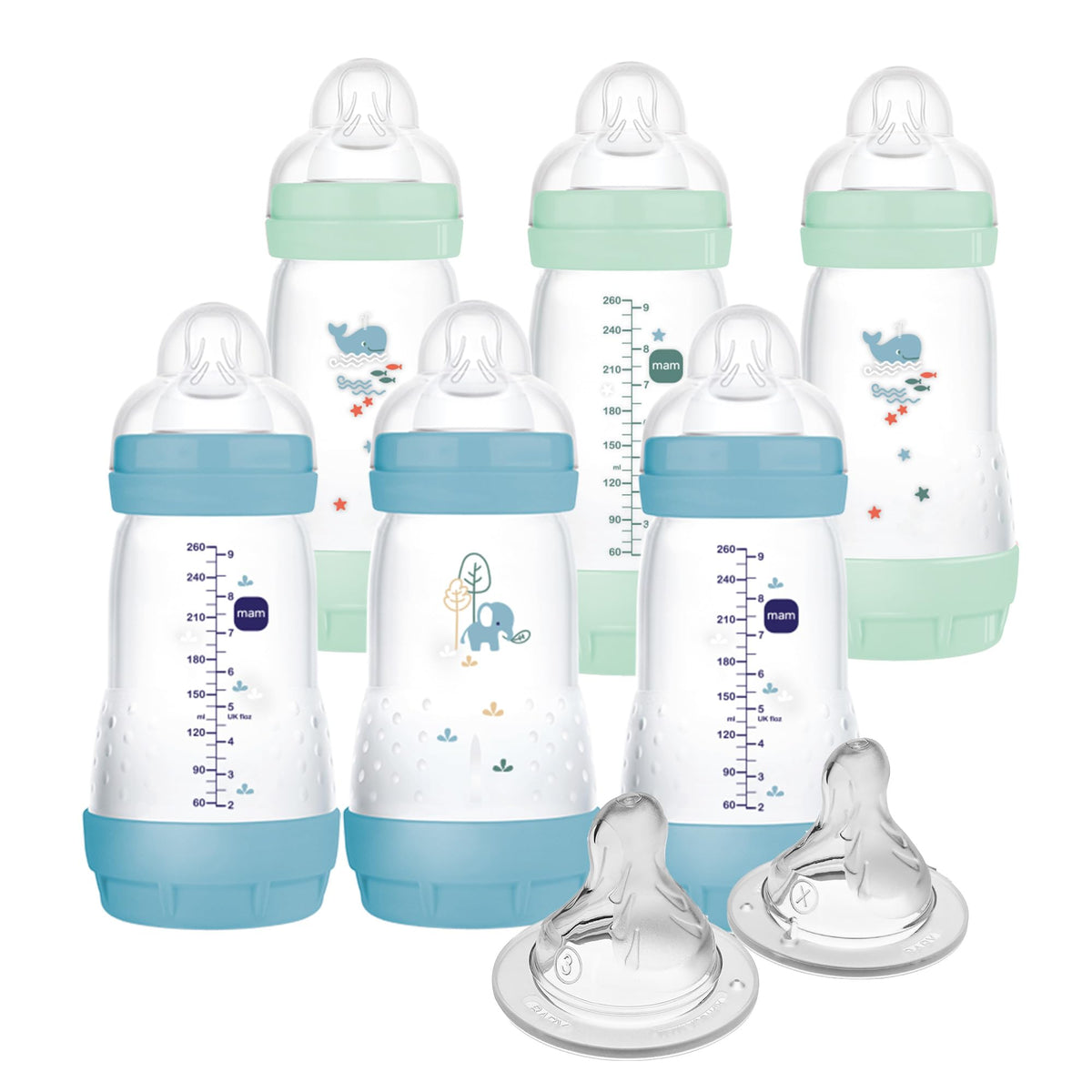 MAM 9 oz. Easy Start Matte Deco, 2+ Months, Boy, 6 Pack (with 2X Bonus Fast and Extra Fast)