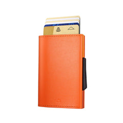 OGON Automatic Leather wallet Cascade Slim - Compact aluminum RFID blocking card holder - Up to 8 cards and banknotes - Orange