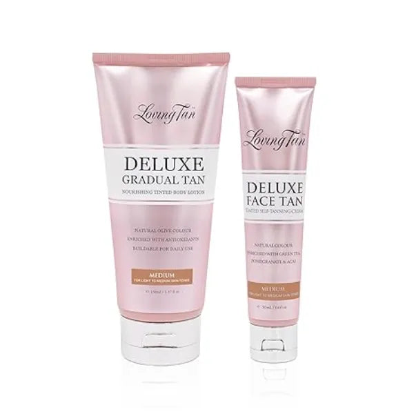 Loving Tan Deluxe Gradual Tanning Lotion + Face Tan, Medium Streak Free, Natural Professional Strength Sunless Tanner+ Applications per Bottle, Naturally Derived DHA