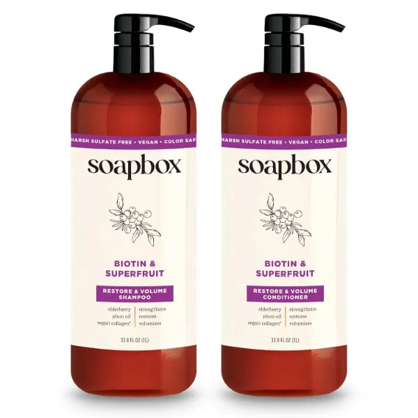 Soapbox Biotin & Super Fruit Shampoo & Conditioner Set, Leaves Hair Volumized & Strengthened Clean Ingredients Free of Harsh Chemicals, Sulfates, Parabens & Silicones 1 Liter Each