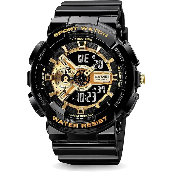 SKMEI Watch for Men  3D Dial Double  LED Screen Wrist Watch, Gold, strap Waterproof