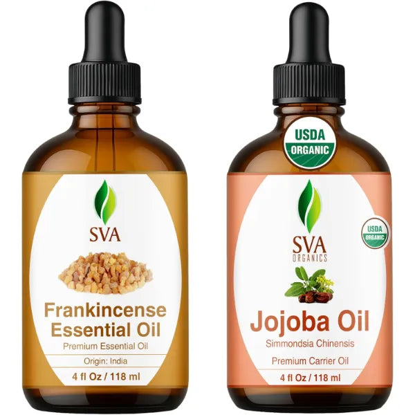 SVA ORGANICS Frankincense Serrata Essential Oil & Jojoba Carrier Oil 4oz Combo – Premium Grade Bundle Set for Hair Oiling, Scalp Massage, Hair Care, Face, Skin Care and Body Massage