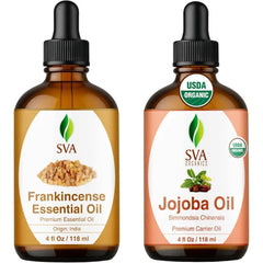 SVA ORGANICS Frankincense Serrata Essential Oil & Jojoba Carrier Oil 4oz Combo – Premium Grade Bundle Set for Hair Oiling, Scalp Massage, Hair Care, Face, Skin Care and Body Massage