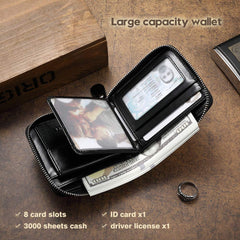 MANBANG Mens Genuine Leather Zipper Wallet RFID Secure Large Capacity Double Fold Multi-card Leather Wallets for Men and coin purse(Oil wax black)