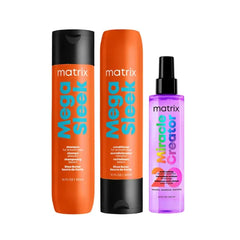 Matrix Mega Sleek Shampoo, Conditioner & Miracle Creator Set – Anti-Frizz Smoothing Care for Dry, Damaged Hair with Shea Butter (Salon Routine)