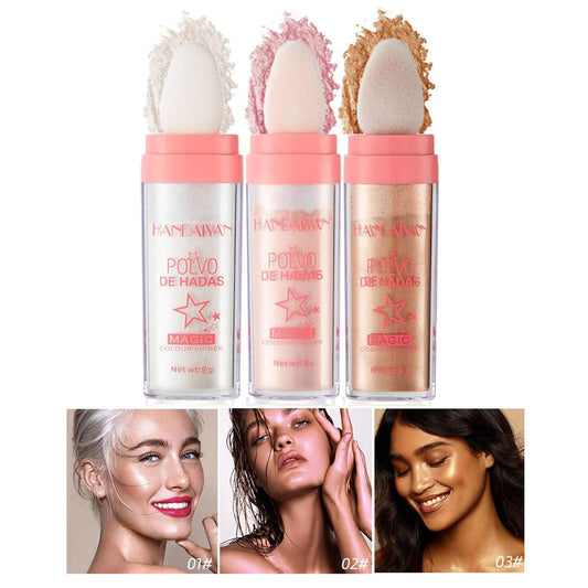 Body Shimmer Powder Polvo De Hadas Fairy Highlighter Glitter Natural Pigment Shiner Stick Loose Oil Glow Body Brighten Dust with Puff Makeup Three-Dimensional Face,Eyeshadow,Eye,Hair,Body,Hair(Set)