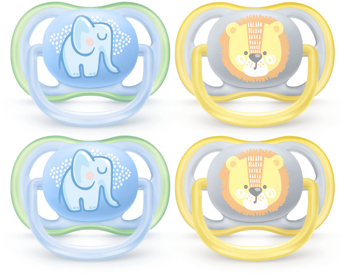 PHILIPS AVENT Ultra Air Pacifier, 0 6 Months, Elephant,Lion, 4 Pack, SCF085/07, Blue/Green, 4 Count (Pack of 1)