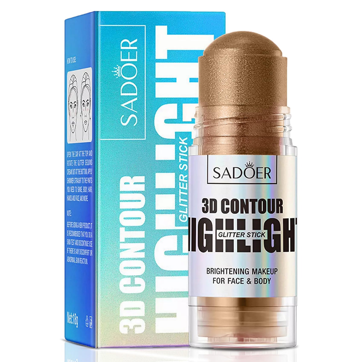 Instant Highlighter Makeup Stick, 3D Glow for Face, Neck, Eyes, Lips & Hair - Nourishing, Buildable, Long-Lasting Shine with Coconut Oil, Castor Oil & Vitamin C