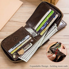 BULLCAPTAIN Genuine Leather RFID Wallet for Men Large Capacity ID Window Card Case with Zip Coin Pocket QB-231, Coffee, S, Minimalist