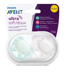 AVENT Philips Ultra Soft Pacifier, 0-6 Months, Arctic White/Green, 4 Pack, SCF214/40