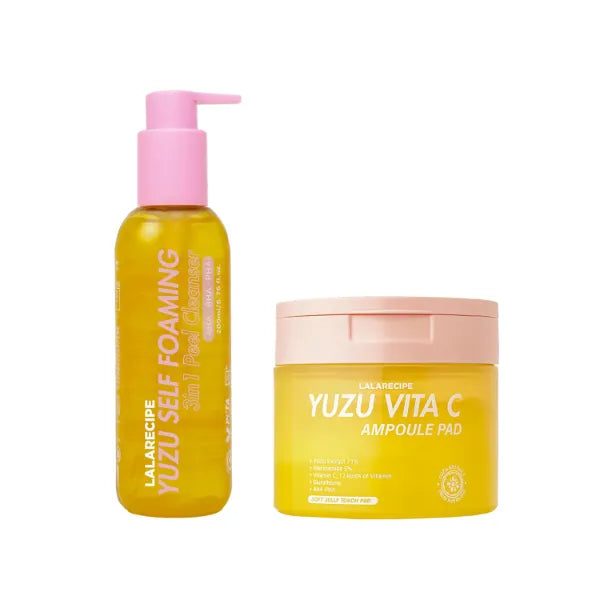 LALARECIPE YUZU LINE Vitamin C Facial Cleansing Duo: Yuzu Self-Foaming 3-in-1 Facial Cleanser & Yuzu Vita C Ampoule Pad,Korean skincare