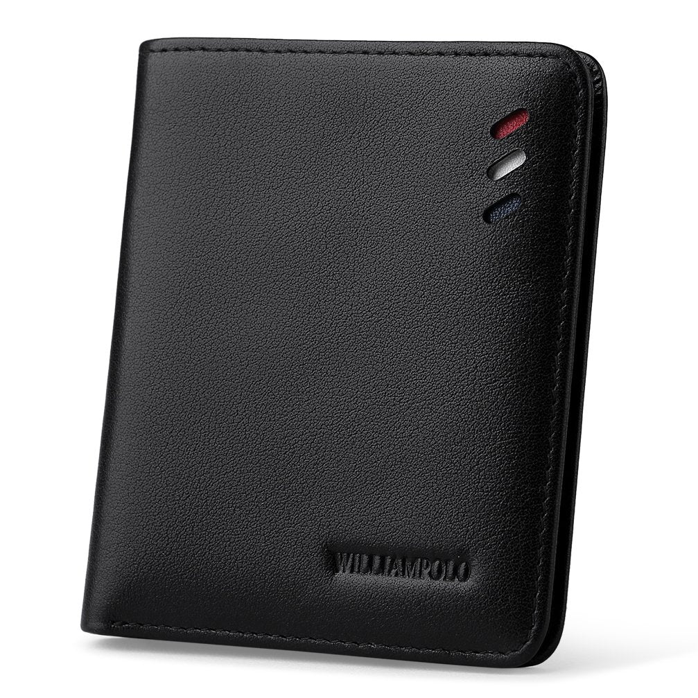 WILLIAMPOLO Men's Wallets Genuine Leather Thin Wallet Men Short Credit Card Holder Small Front Pocket Money Clips Bifold Slim Purse with ID Window - Black
