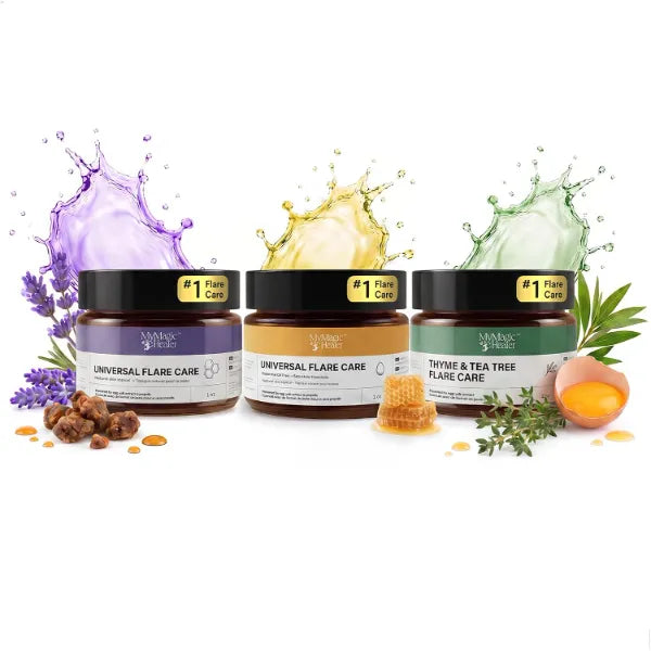 MyMagicHealer Ultimate Flare Care TRIO Universal, Essential Oil Free & Thyme Tea Tree Drawing Salve Care for HS, Boils, Breakouts & Sensitive Skin Natural Ingredients 3 x 1oz