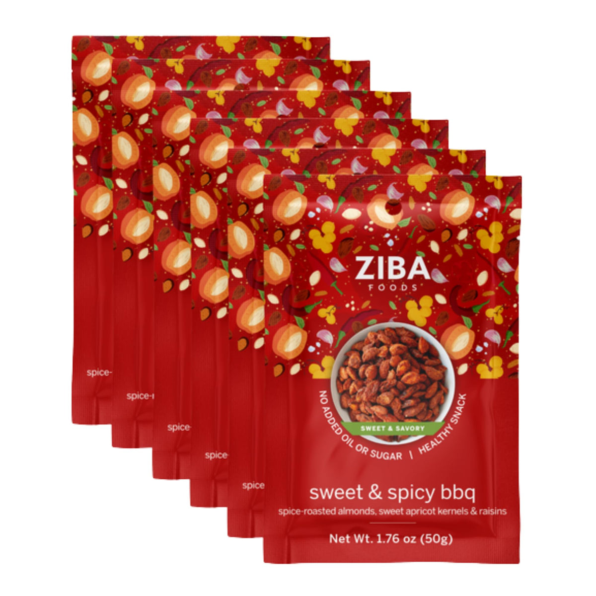 Ziba Foods Sweet & Spicy BBQ Snack Mix - Heirloom Almonds, Sweet Apricot Kernels & Kishmish Raisins with Smoky Barbecue Spices, Dry Roasted No Oil or Sugar, Non-GMO Vegan Snack - Single Serve 6 Pack