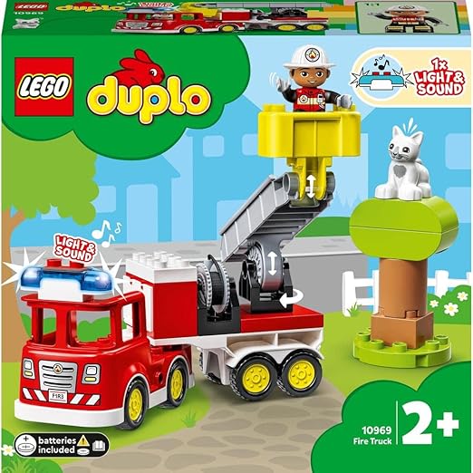 LEGO 10969 DUPLO Town Fire Engine Toy for Toddlers 2 Plus Years Old, Truck with Lights and Siren, Firefighter & Cat Figures, Learning Toys