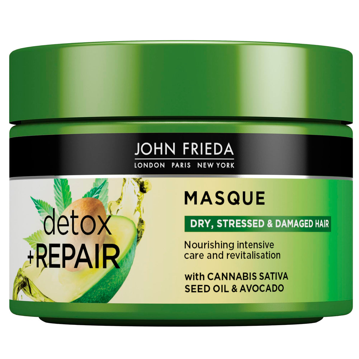 John Frieda Detox & Repair Mask 250ml, Intensive Deep Conditioner for Dry, Stressed and Damaged Hair, Nourishing Hair Mask with Cannabis Sativa Seed Oil and Avocado