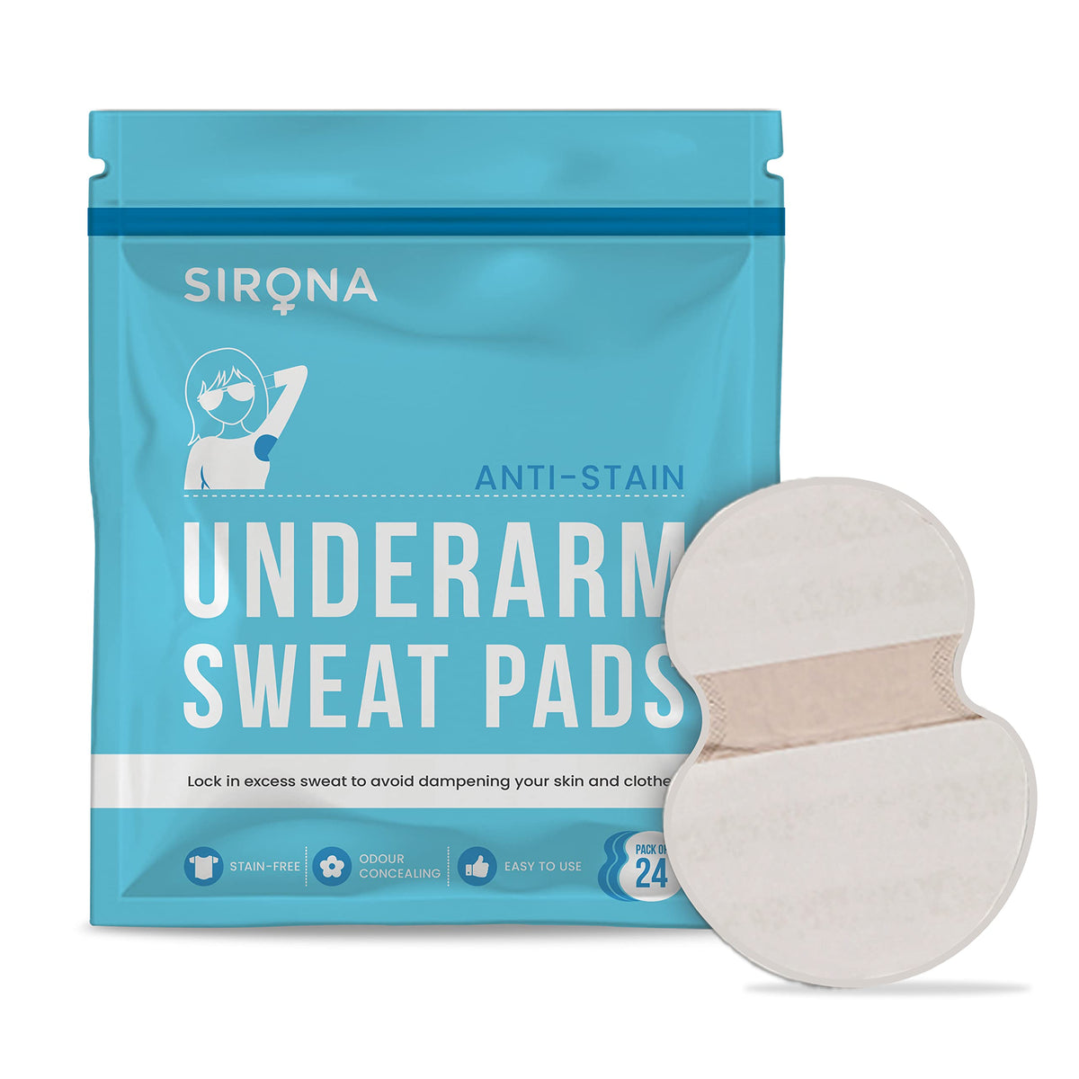 Sirona Disposable Underarm Sweat Pads, Antiperspirant Absorbent Odour Blocker Pads Armpit Dress Shields, Fight Hyperhidrosis (24 Count (Pack of 1))