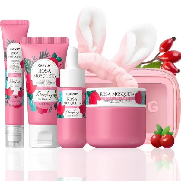 QUIYUM Skin Care Set, with Natural Rosehip Oil, Vit C & E Skincare Kits - Restore Skin Elasticity, Refine Texture, Even Tone, Moisturizing, Glow Up, for All Skin Types