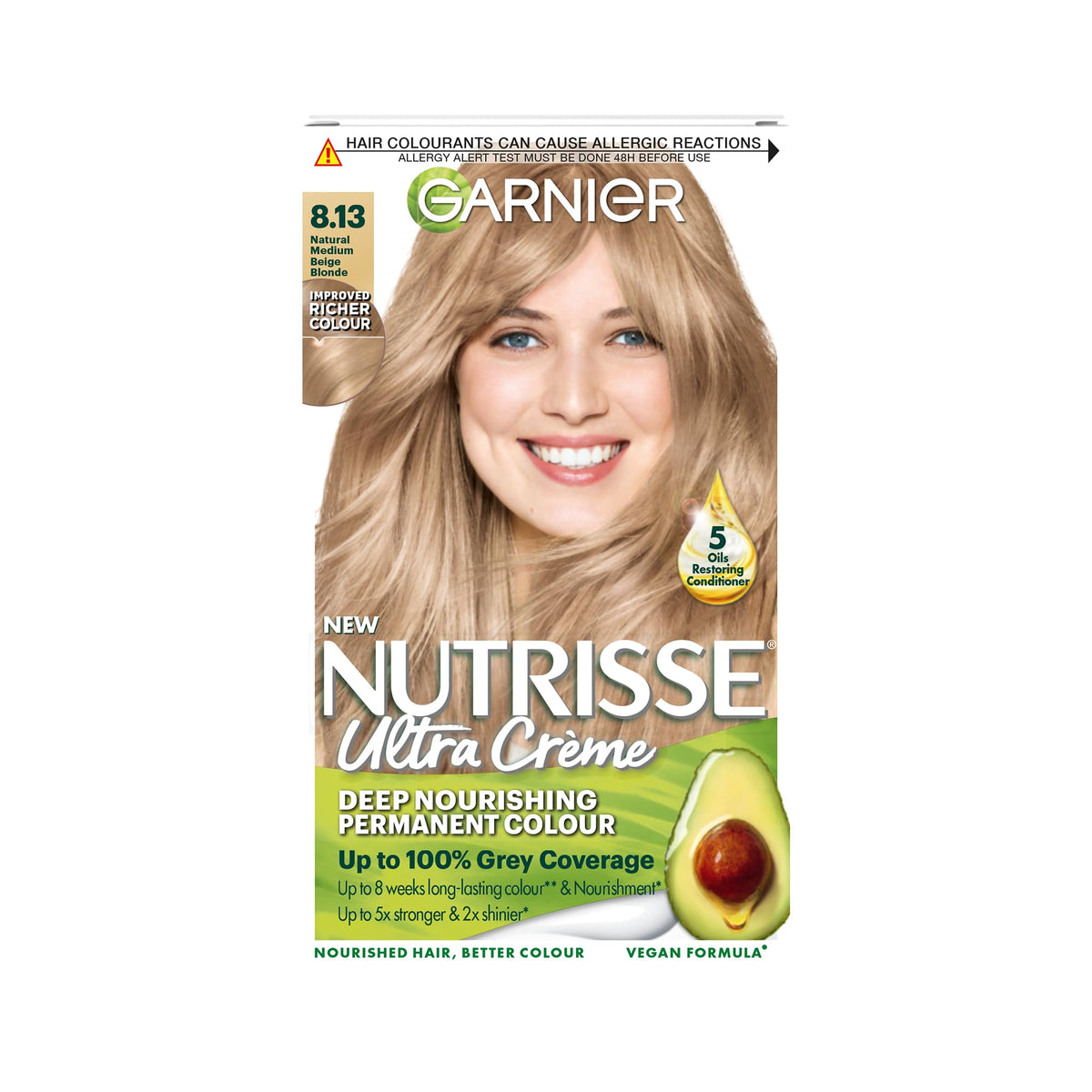 Garnier Nutrisse Permanent Hair Dye, Natural-looking, hair colour result, For All Hair Types, 8.13 Medium Beige Blonde