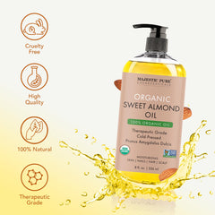 Majestic Pure USDA Organic Sweet Almond Body Oil | Large 236 ml | 100% Pure & Natural Cold Pressed Oil Sweet Almond Oil for Skin, Face, Nails, Hair, Scalp & Massage - 236 ml