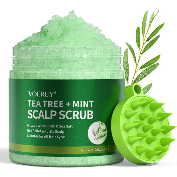 VOERUY Scalp Scrub, Tea Tree Scalp Exfoliator Scrub Shampoo, 2-in-1 Scalp Treatment with Mint Oil, Hair Treatment to Clarify and Remove Build up with Silicone Scalp Massager, 10.6oz/300g