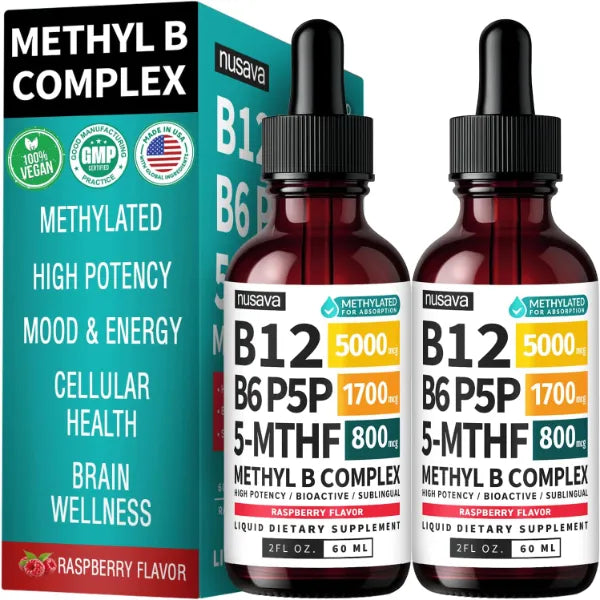 NUSAVA Methylated B Complex Liquid Drops with Active L Methylfolate B12 Sublingual Drops, Vitamin B Complex Vegan B 12 Vitamin 5000mcg, Non GMO, Raspberry Flavor, No Sugar, 2 Fl oz