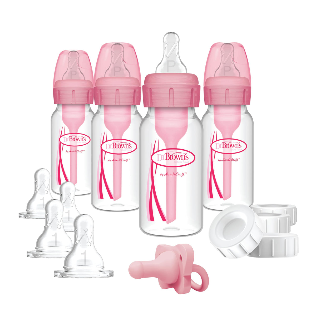 Dr. Brown's Natural Flow Anti-Colic Options+ Narrow Breast to Bottle Pump & Store Feeding Set with Slow Flow Nipples, Baby Bottle Travel Caps and 100% Silicone HappyPaci One-Piece Pacifier, Pink