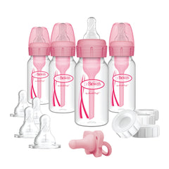 Dr. Brown's Natural Flow Anti-Colic Options+ Narrow Breast to Bottle Pump & Store Feeding Set with Slow Flow Nipples, Baby Bottle Travel Caps and 100% Silicone HappyPaci One-Piece Pacifier, Pink