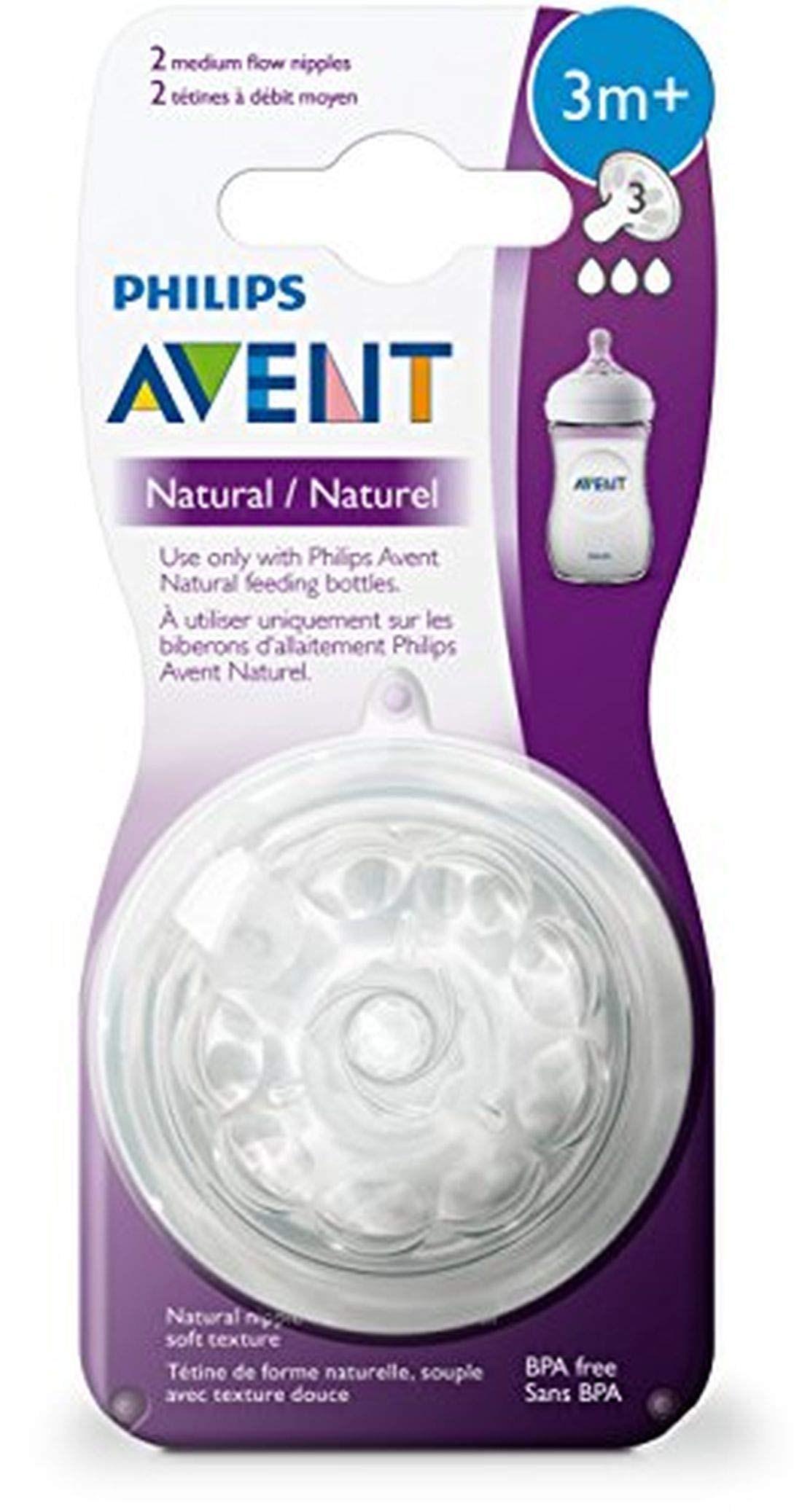 philips Avent Natural Baby Bottle, Medium Flow 3M plus, 2pk, SCF653/23