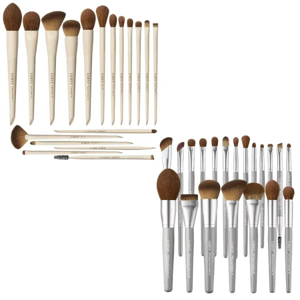 LORYP 18 Piece Khaki Face Eye Makeup Brush Set and 20 Pcs Gray Vegan Professional Full-Size Brush Set Bundle