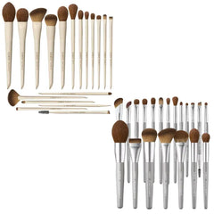 LORYP 18 Piece Khaki Face Eye Makeup Brush Set and 20 Pcs Gray Vegan Professional Full-Size Brush Set Bundle
