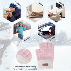 Fingerless Gloves for Women Warm - Winter Thermal Gloves Knitted Soft Half Fingers Mittens for Cold Weather Typing Working Driving - White pink