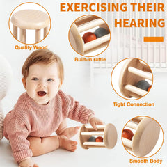 Montessori Wooden Toys for Baby, Wooden Baby Rattle Toys Set, 5pcs Wooden Music Alinstrument Toys with Trumpet, Maracas, Castanets, Three-Ring Rattle, Cage Rattles, Montessori Toys for Babies 0-