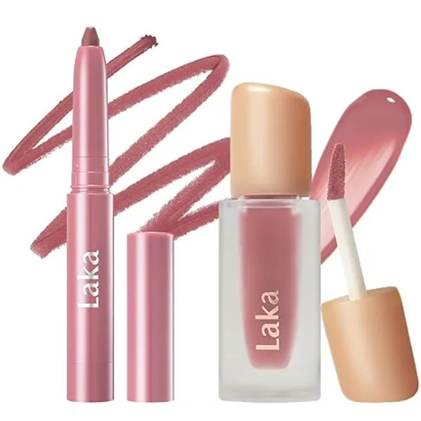 Laka Trending Now Glassy Stain Lip Duo Muted Rose, Stain Lip Liner #02 Suede Pink & Fruity Glam Lip Tint #124 Maro