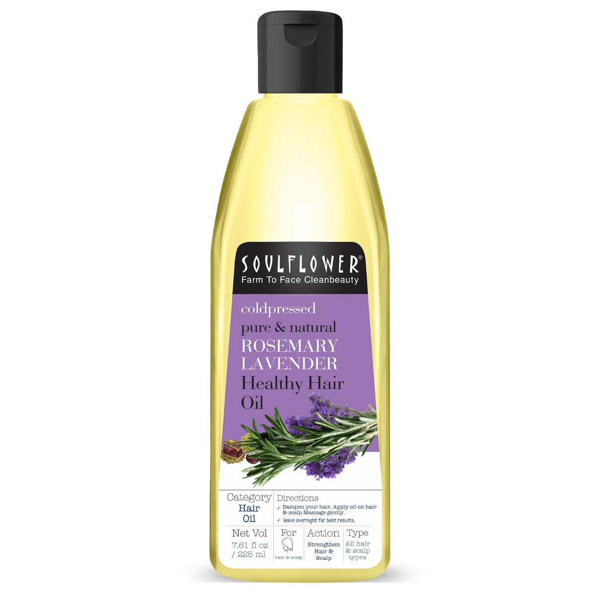 Soulflower Rosemary Lavender Oil for Healthy Hair, Scalp, Hair Roots - 100% Pure & Natural Undiluted Coldpressed Oil, 225ml