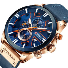 CURREN Mens Watches Luxury Chronograph Big Dial Male Watch Wrist Leather Waterproof Sport Army Military - rose gold blue