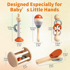 Montessori Wooden Toys for Baby, Wooden Baby Rattle Toys Set, 5pcs Wooden Music Alinstrument Toys with Trumpet, Maracas, Castanets, Three-Ring Rattle, Cage Rattles, Montessori Toys for Babies 0-