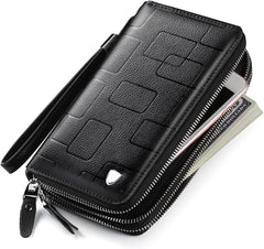 Mens Clutch Bag Handbag Genuine Leather Purse Zipper Long Wallet Business Large Hand Clutch Phone Holder - Stripe Black Double Zipper