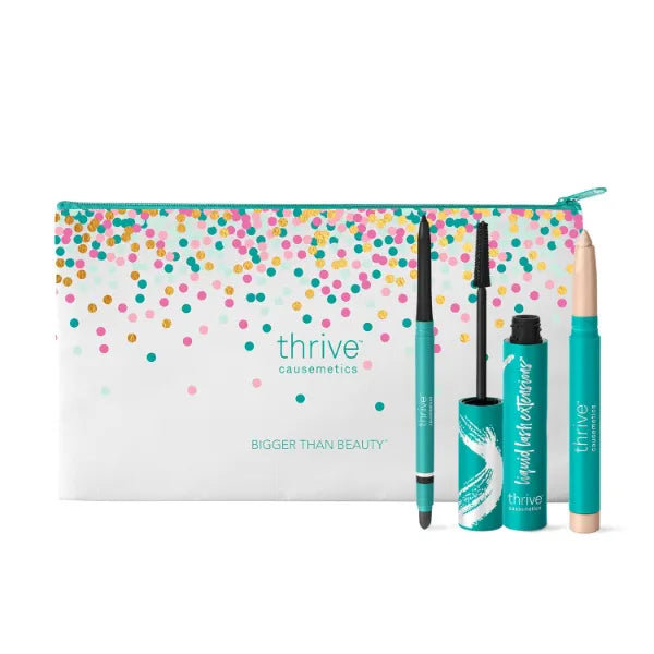 Thrive Causemetics Award-Winning Trio Makeup Kit, Liquid Lash Extensions Mascara (Brynn), Brilliant Eye Brightener Highlighter Stick (Stella), Infinity Waterproof Eyeliner (Lauren), Makeup Bag