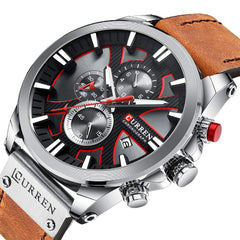 CURREN Mens Water Resistant Sport Chronograph Watches Military Multifunction Leather Quartz Wrist Watches, silver brown, Chronograph,Quartz Movement
