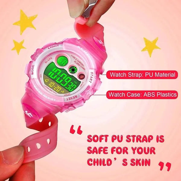 KASTWAVE Kids Digital Sport Watch for Boys Girls, Kid Waterproof Electronic Multi Function Casual Outdoor Watches, 7 Colorful LED Luminous Alarm Stopwatch Wristwatch, Pink