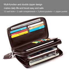 Mens Clutch Bag Handbag Genuine Leather Purse Zipper Long Wallet Business Large Hand Clutch Phone Holder - Stripe Brown Double Zipper