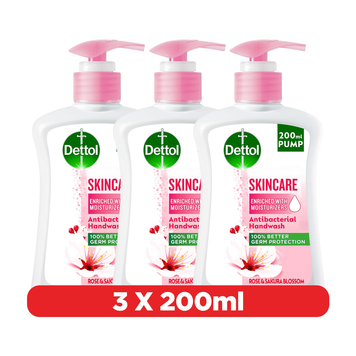 Dettol Handwash Liquid Soap Skincare Pump for Effective Germ Protection & Personal Hygiene, Protects Against 100 Illness Causing Germs, Rose & Sakura Blossom Fragrance, 200ml (Pack of 3)