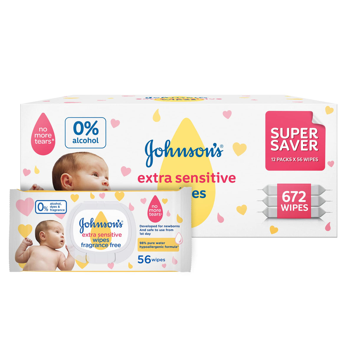 Johnson's Baby Extra Sensitive Wipes – Super Saver Pack 8 + 4 Free, 12x56, 672 Wipes
