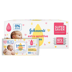 Johnson's Baby Extra Sensitive Wipes – Super Saver Pack 8 + 4 Free, 12x56, 672 Wipes