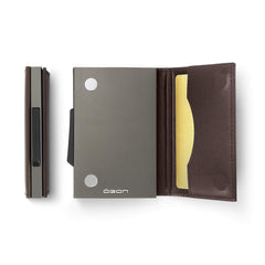 OGON Automatic Leather wallet Cascade Slim - Compact aluminum RFID blocking card holder - Up to 8 cards and banknotes - Brown