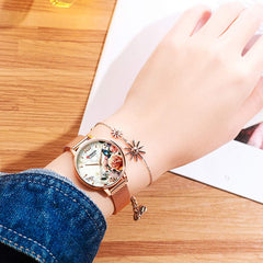 CURREN 9060 Women's Casual Flower Dial 3ATM Waterproof Stainless Steel Mesh Strap Quartz Watch
