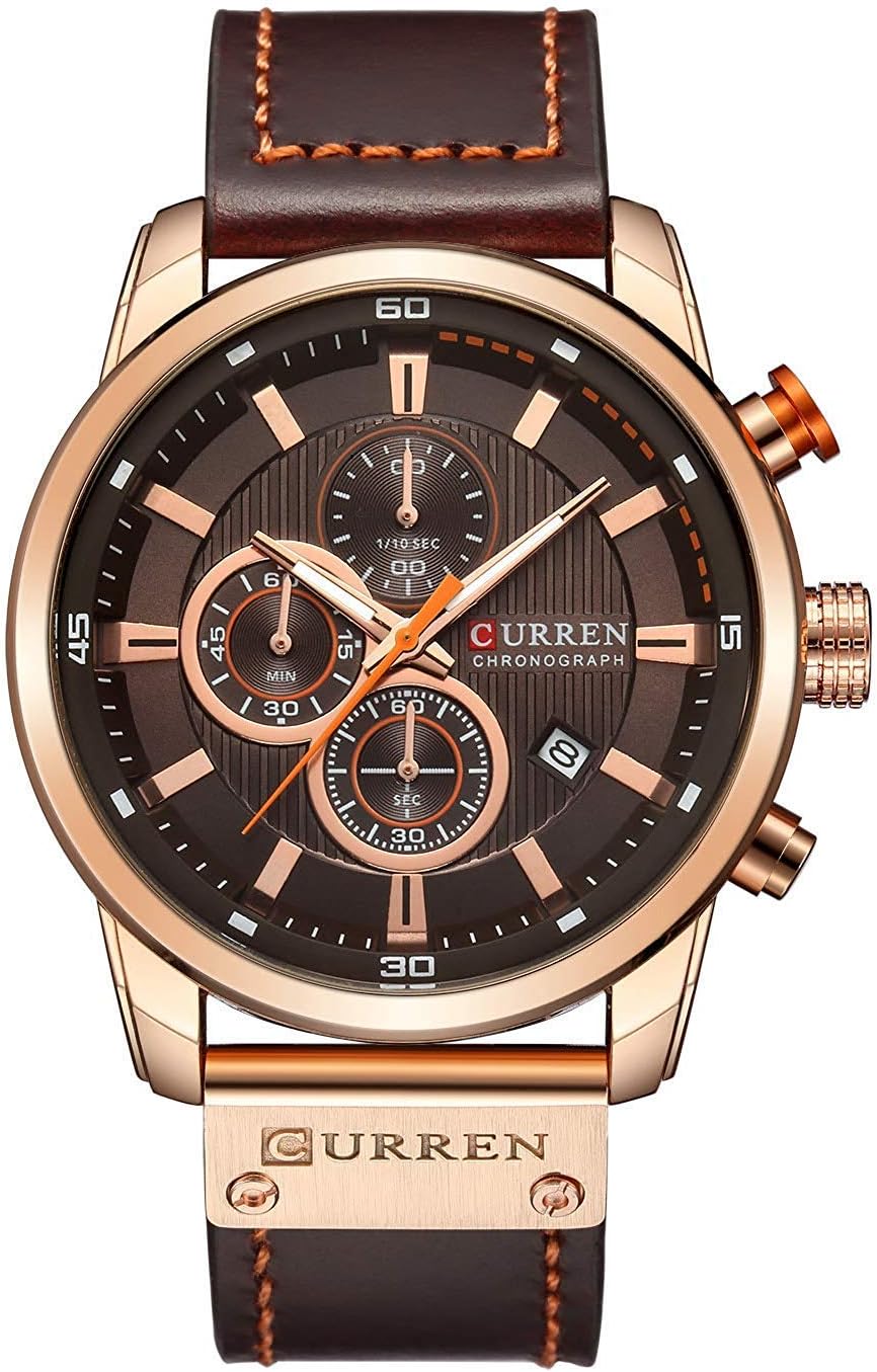 Herren-Armbanduhr mit Lederarmband, klassisch, lssig, Edelstahl, wasserdicht, Chronograph, Datum, analog, Quarzuhr - dark brown