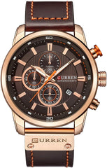 Herren-Armbanduhr mit Lederarmband, klassisch, lssig, Edelstahl, wasserdicht, Chronograph, Datum, analog, Quarzuhr - dark brown